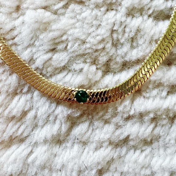 Snake Herringbone Green Gold Chain Emerald Birthstone Gem Choker Necklace Cuban - Picture 3 of 7